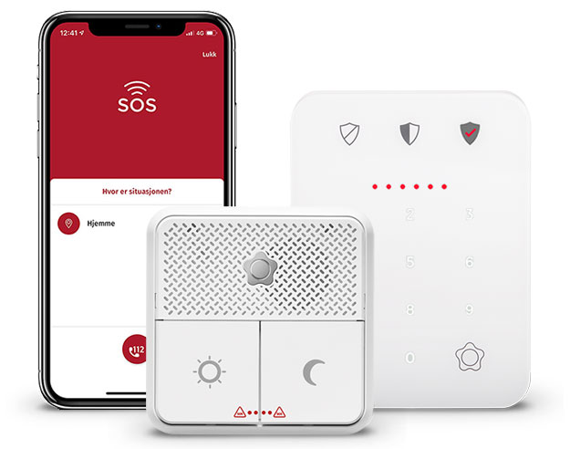 Betjeningspanel, nattsikringspanel og app med SOS kontaktalarm