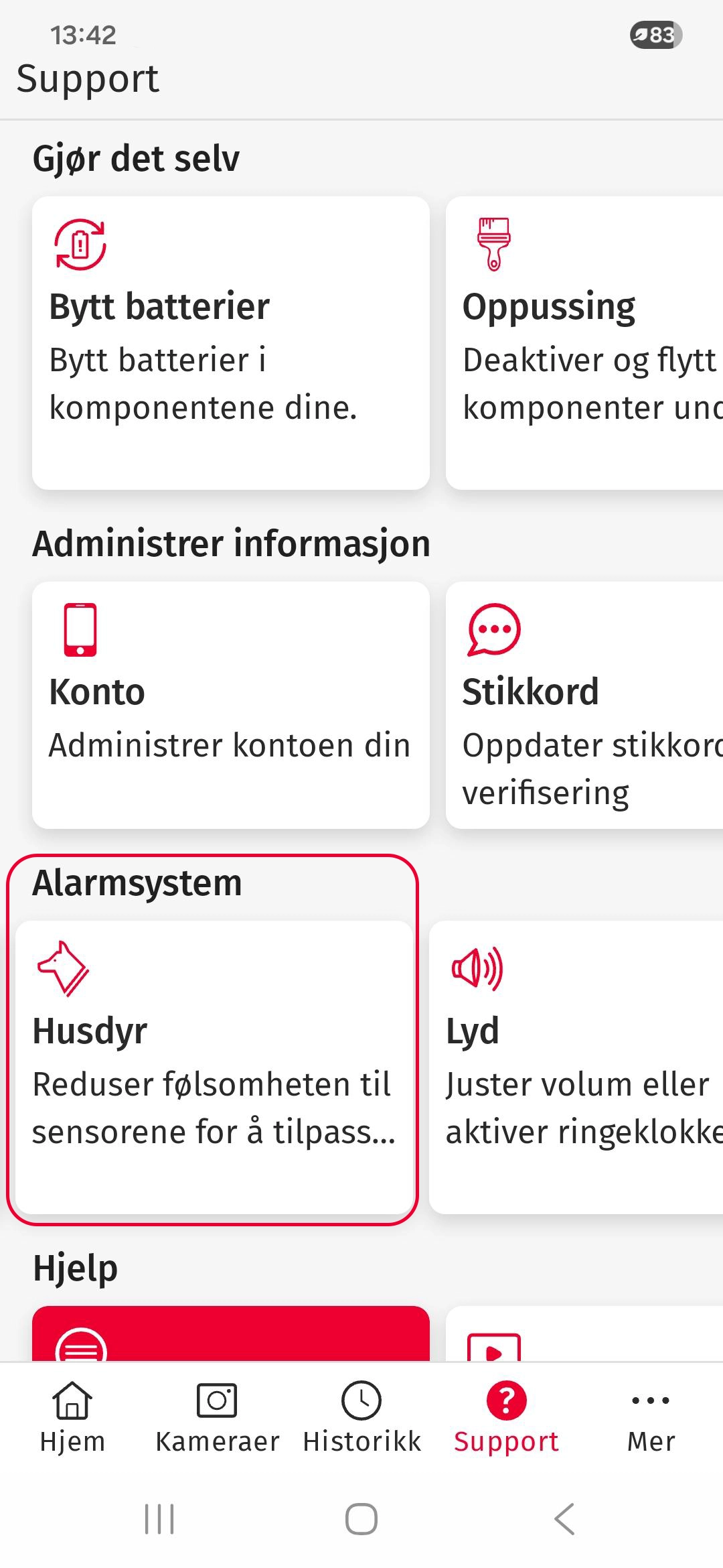 steg 2, trykk på "alarmsystem" og "husdyr"