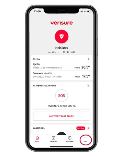 Hjemskjerm i app viser trykk på Mer i hjørnet Hjemskjerm i app viser trykk på Mer i hjørnet