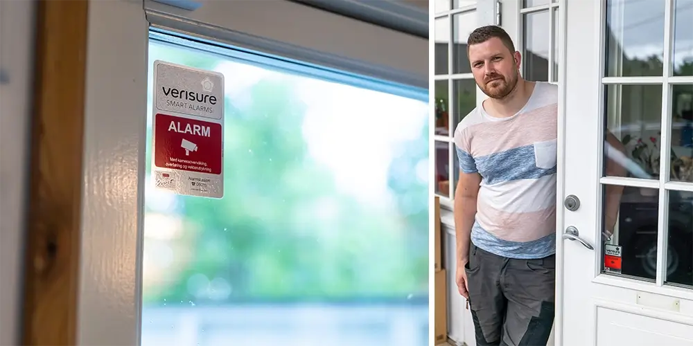 alarmskilt på vindu, daniel i døråpning alarmskilt på vindu, daniel i døråpning