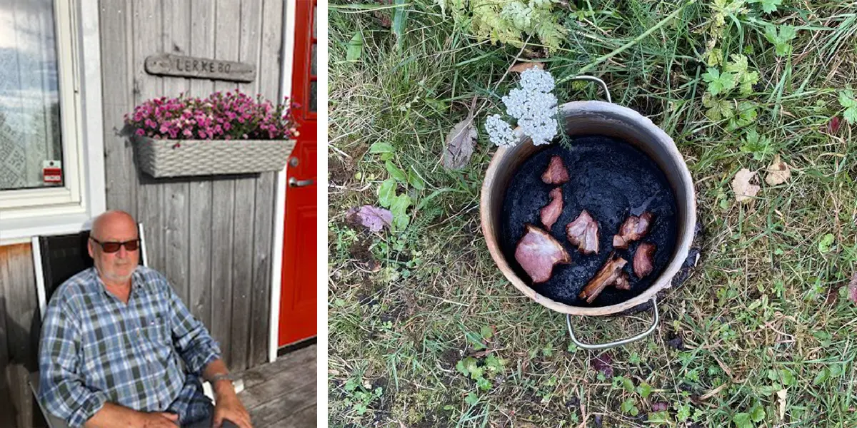 Tor Egil utenfor hytte og brent saltkjøtt