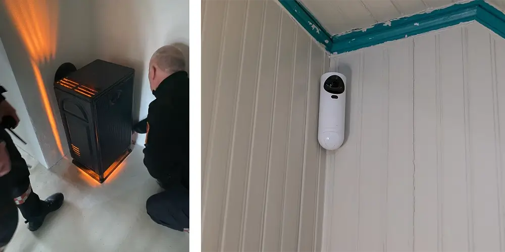 brannvesen sjekker oljekamin, kameradetektor på vegg brannvesen sjekker oljekamin, kameradetektor på vegg