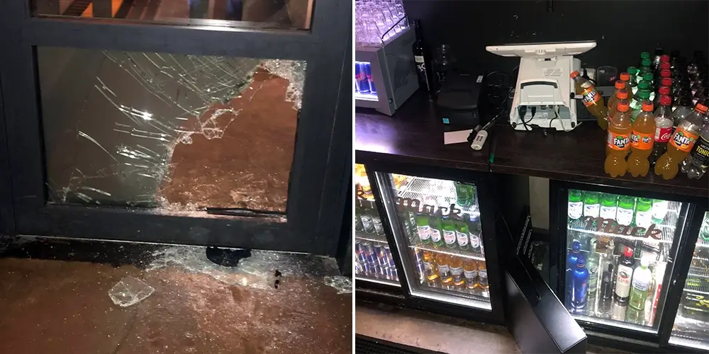 Bilde 1: Knust vindu på restauranten. Bilde 2 Ødelagt kassaapparat Bilde 1: Knust vindu på restauranten. Bilde 2 Ødelagt kassaapparat