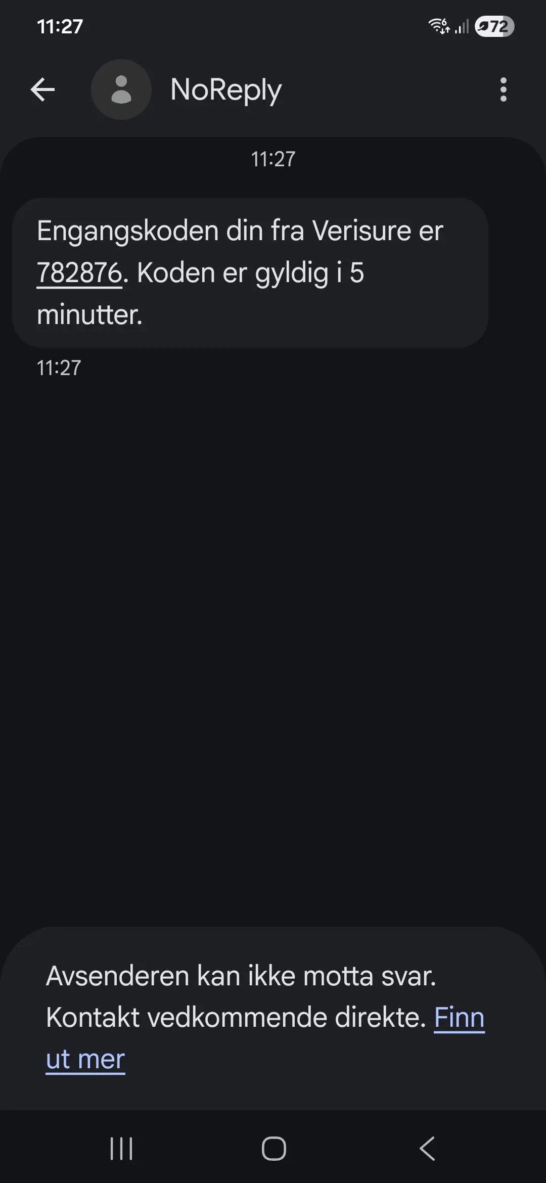 screenshot av hvordan SMSen med kode ser ut screenshot av hvordan SMSen med kode ser ut
