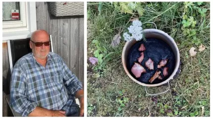 Tor Egil utenfor hytte og brent saltkjøtt Tor Egil utenfor hytte og brent saltkjøtt