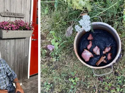 Tor Egil utenfor hytte og brent saltkjøtt