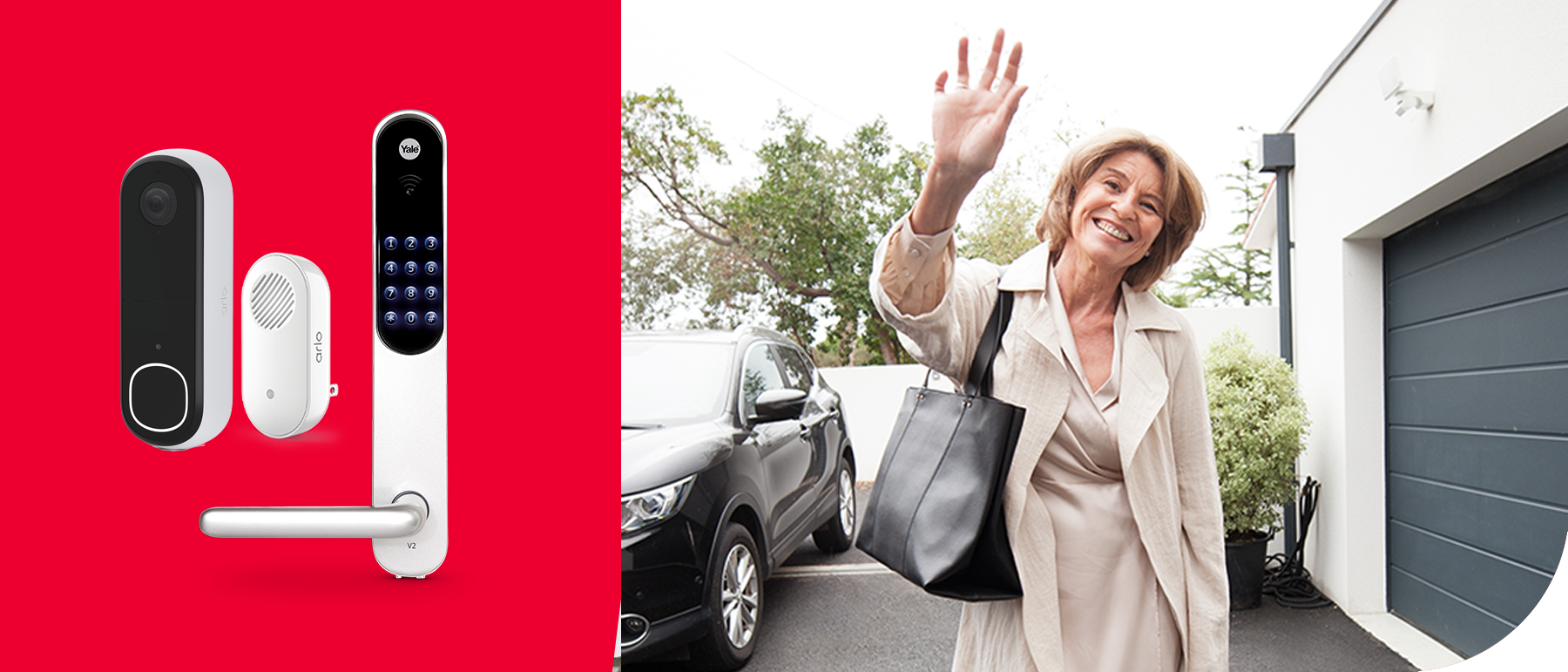 Woman waving at camera in doorbell