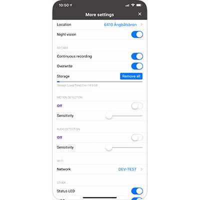 Verisure cameras app innstillinger